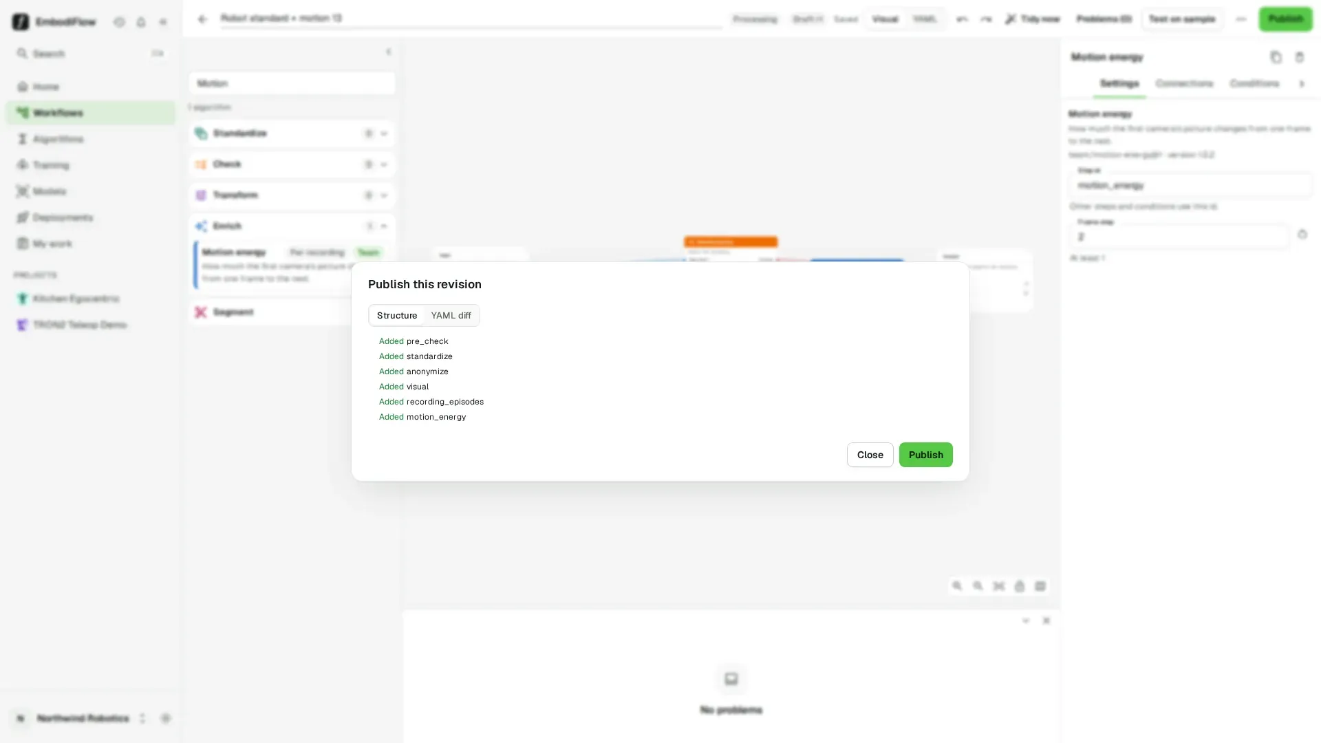 Publish this revision dialog with the Structure tab listing every step as Added