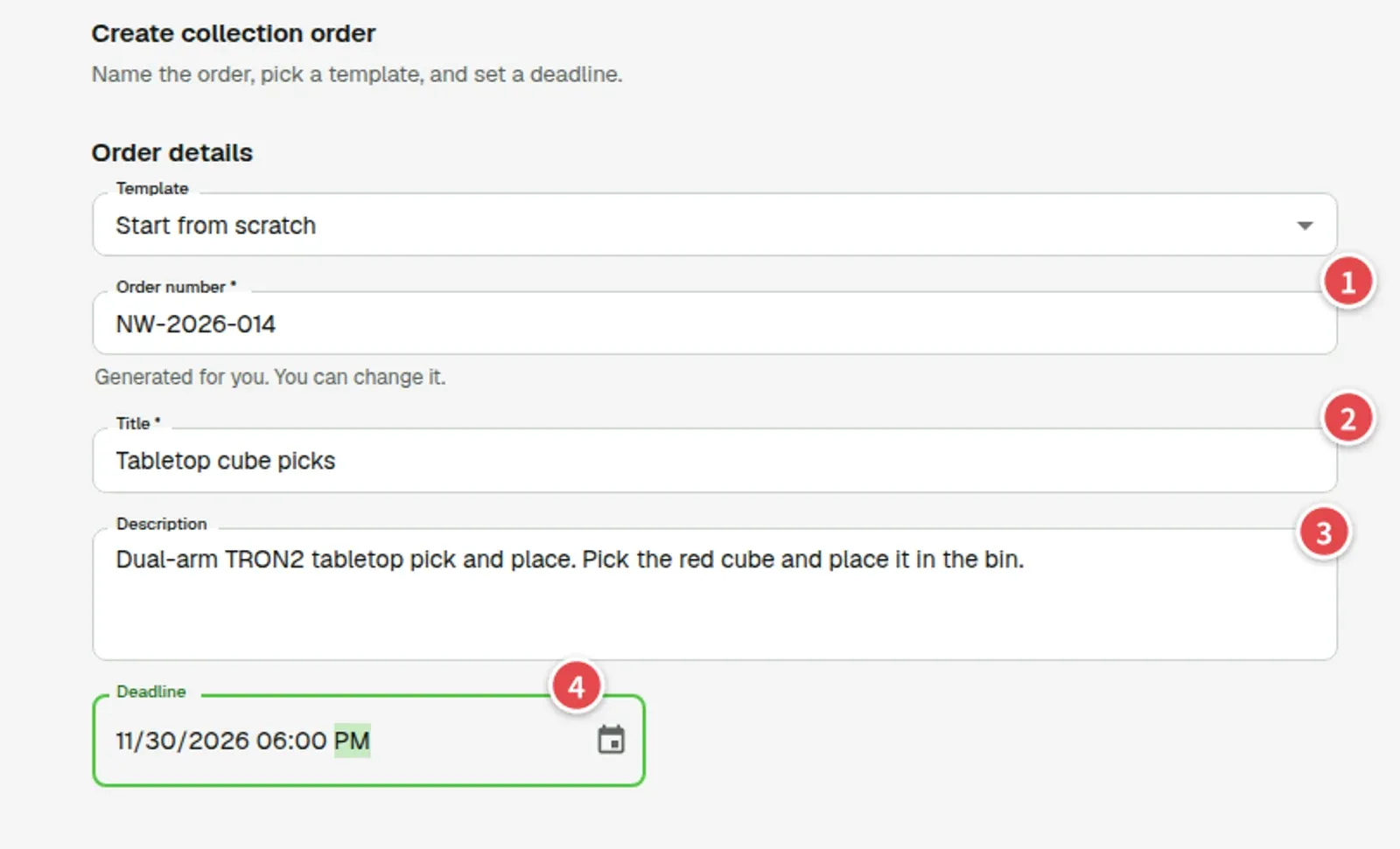 Order form with fields numbered 1 to 4: order number, title, description and deadline