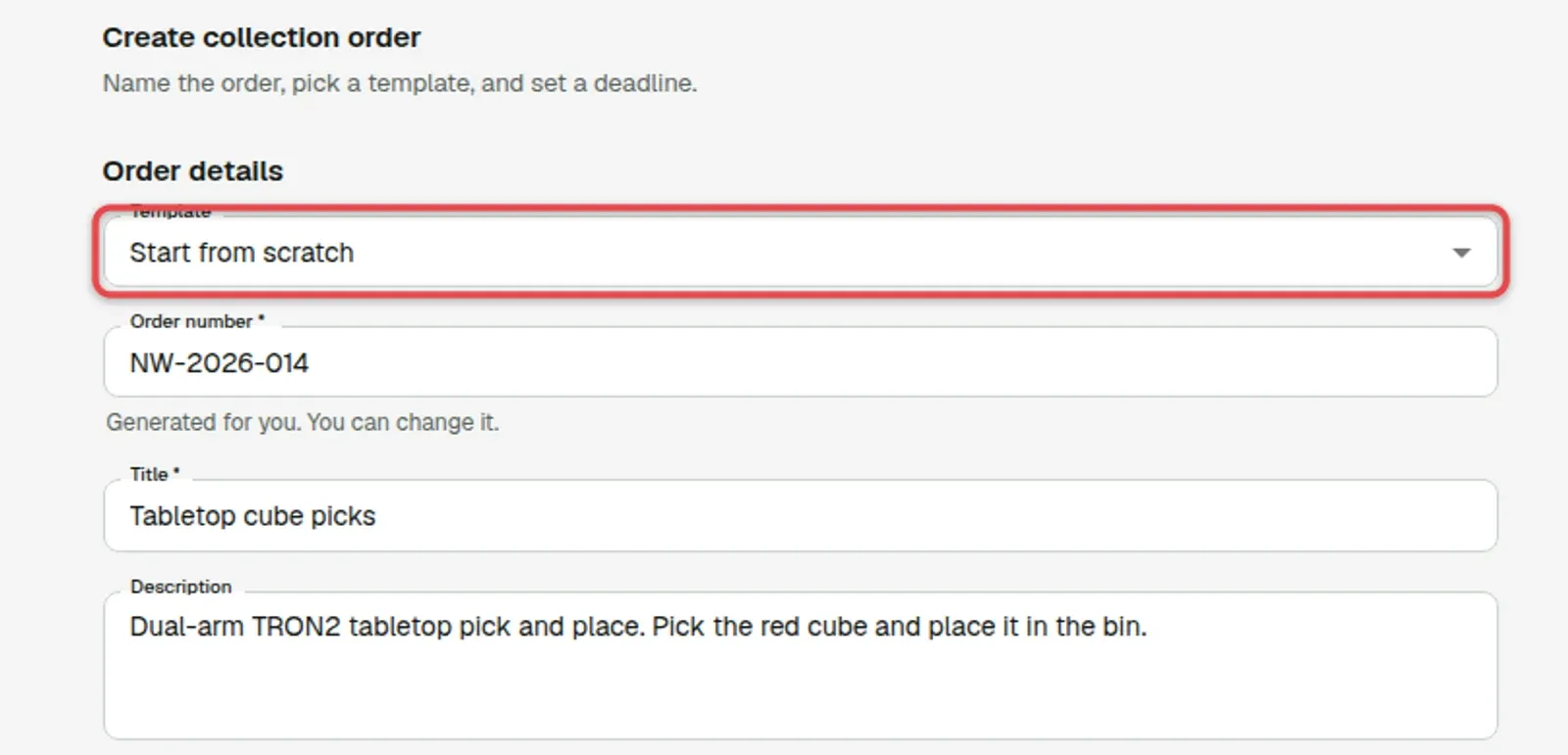 Order form with the Template field boxed and set to Start from scratch