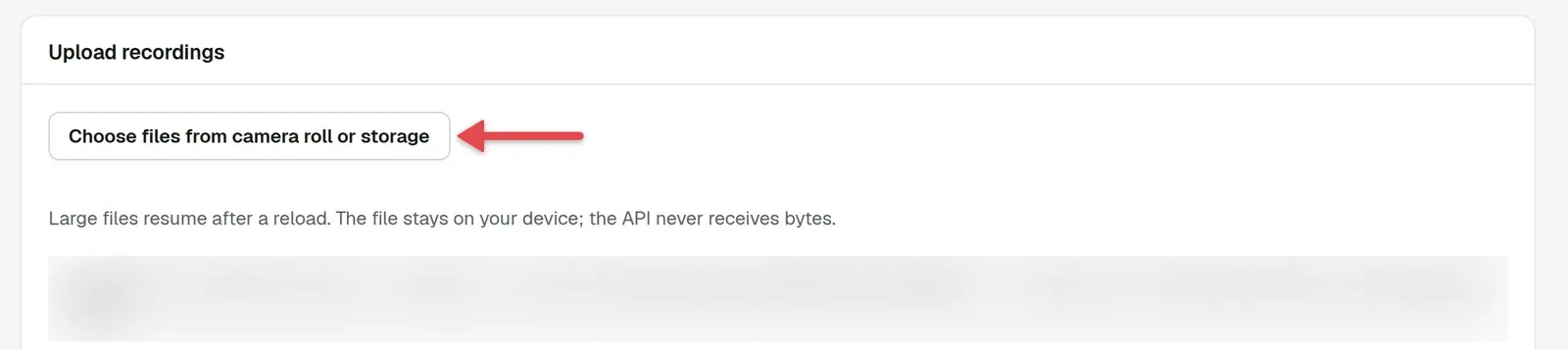 Task page with an arrow on Choose files from camera roll or storage