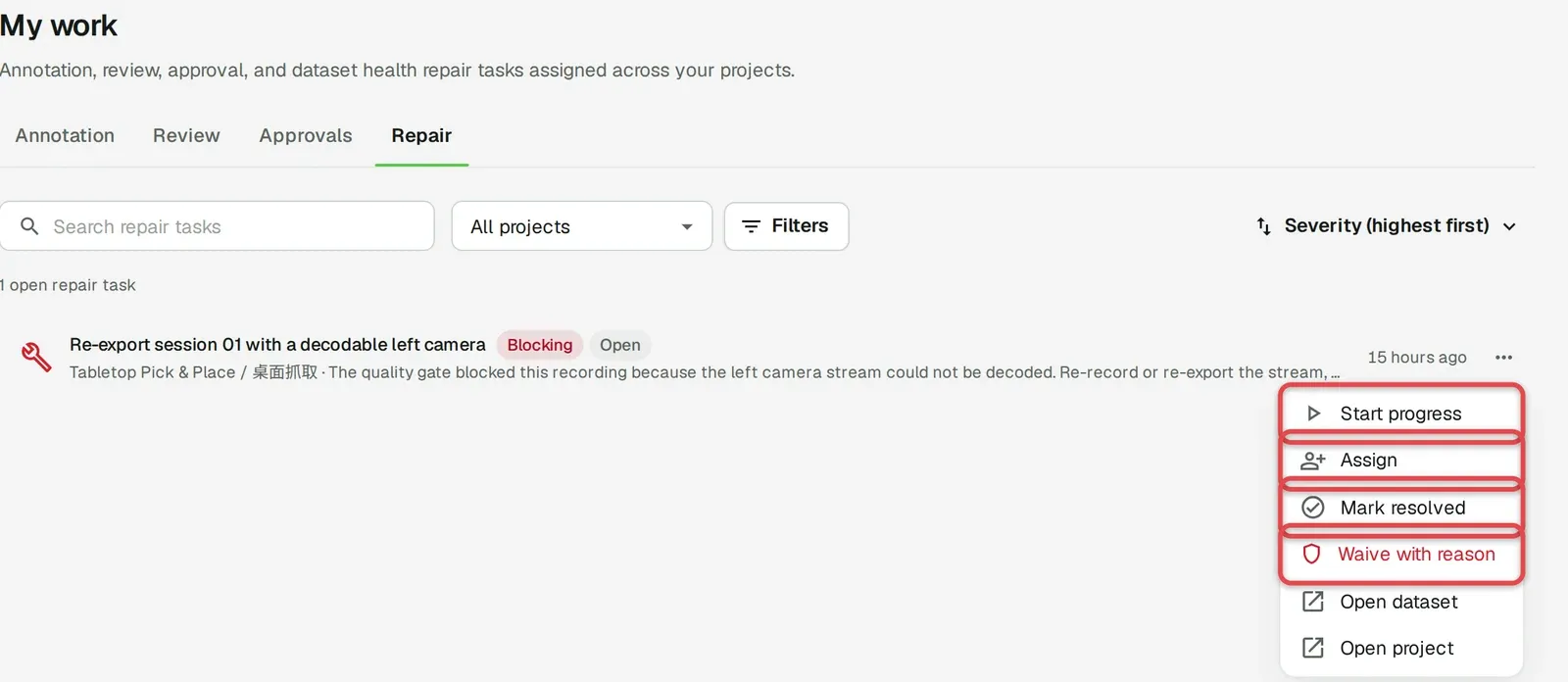 Repair row menu open, with boxes on Start progress, Assign, Mark resolved and Waive with reason