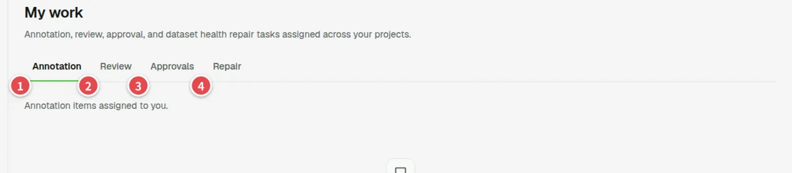 My work page with the four queue tabs numbered 1 to 4: Annotation, Review, Approvals and Repair