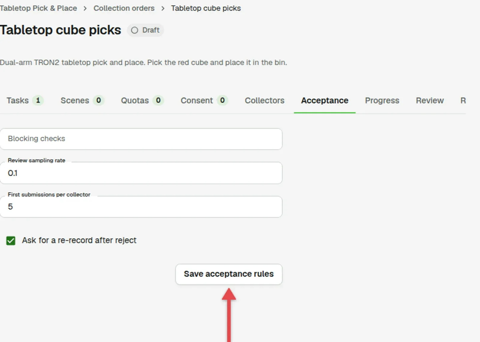 Acceptance tab with the rule fields and an arrow on Save acceptance rules