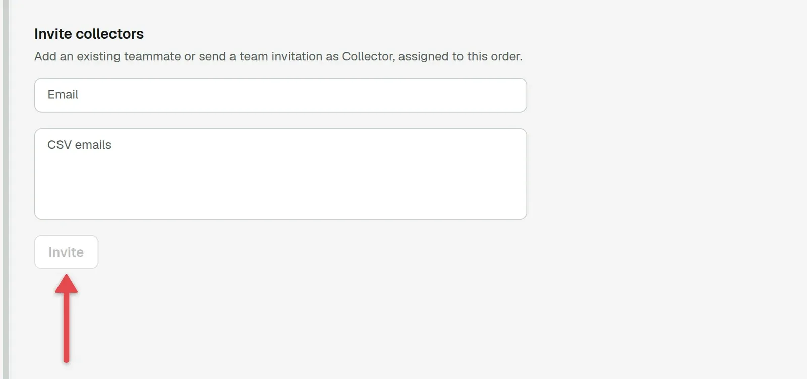 Collectors tab with the Email and CSV emails fields and an arrow on Invite