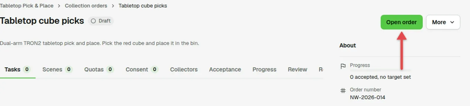 Order detail header with an arrow on Open order