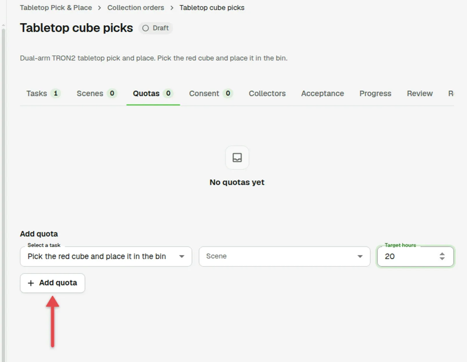 Quotas tab with the Select a task, Scene and Target hours fields and an arrow on Add quota