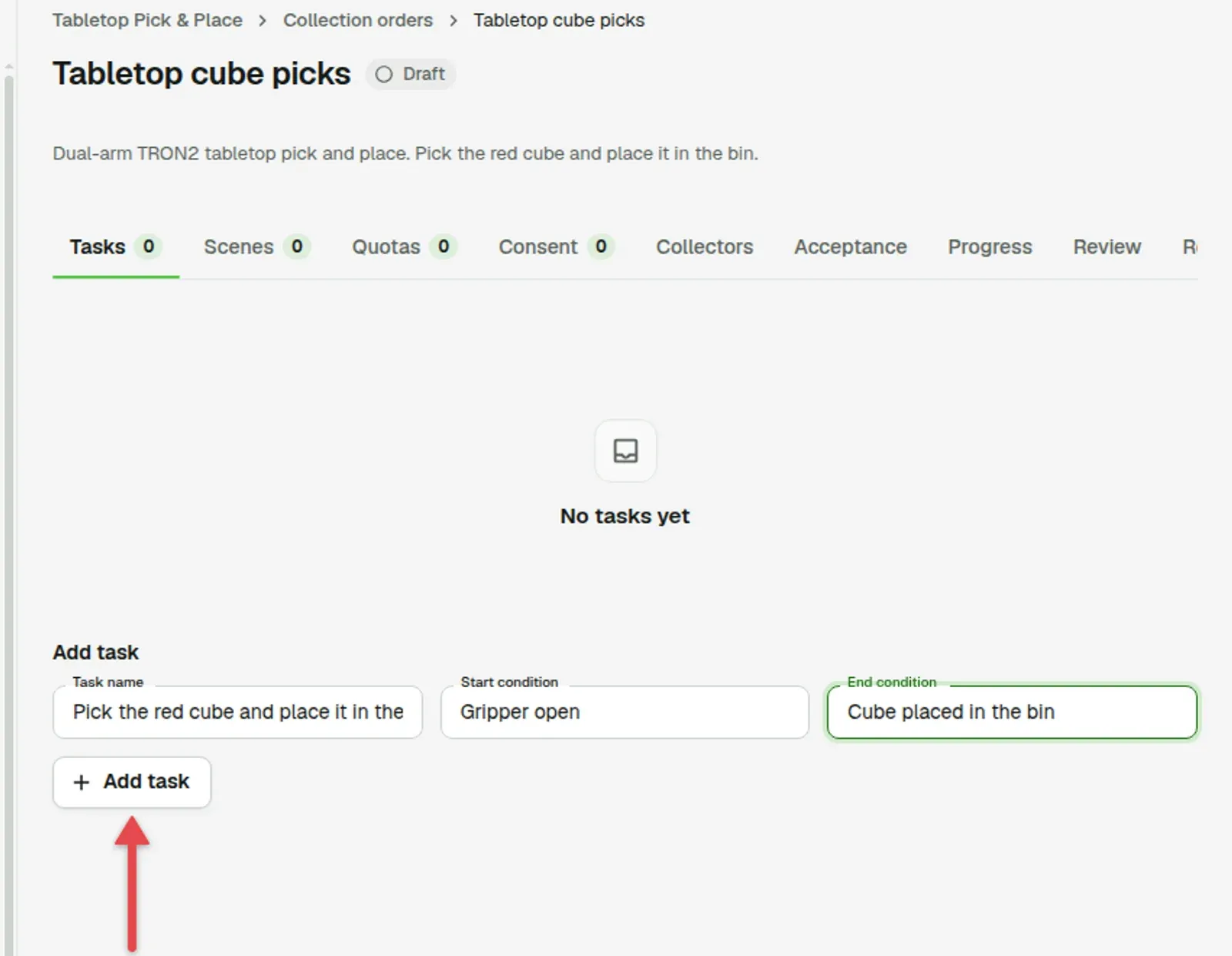 Tasks tab with the task name and condition fields filled in and an arrow on Add task
