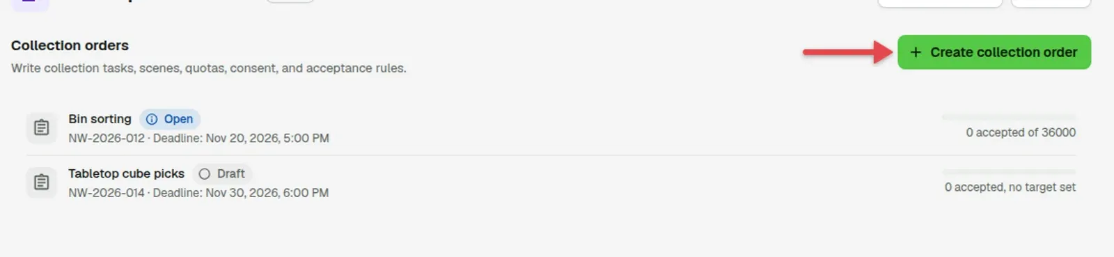 Collection orders list with an arrow on Create collection order