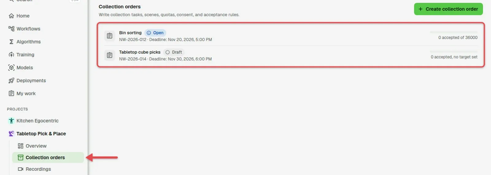 Project sidebar with an arrow on Collection orders, and the order list