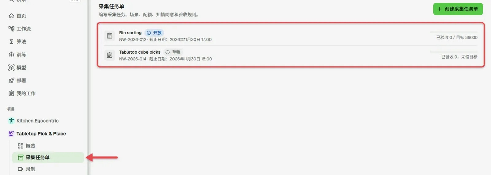 项目侧栏，箭头指向「采集任务单」，以及任务单列表