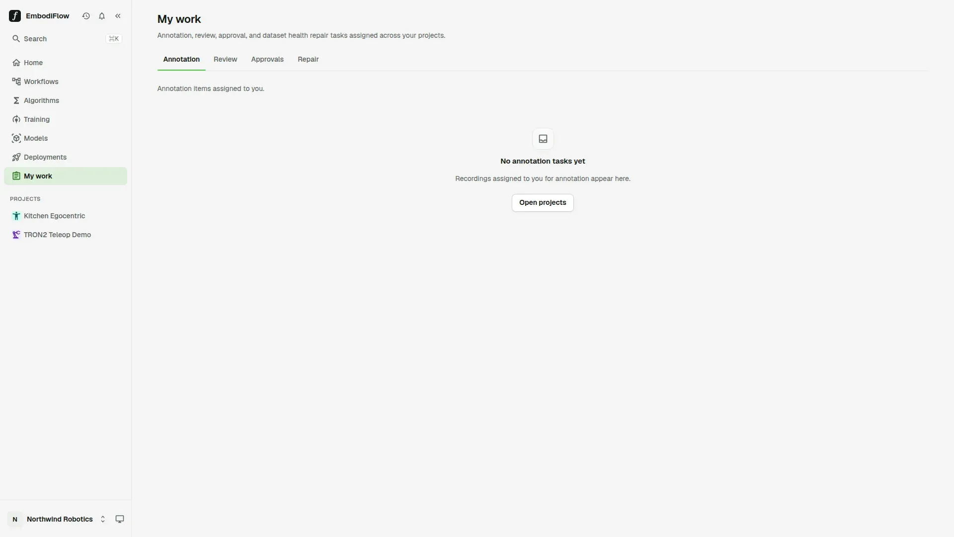 My work page with the Annotation, Review, Approvals and Repair tabs, showing the empty message No annotation tasks yet and an Open projects button