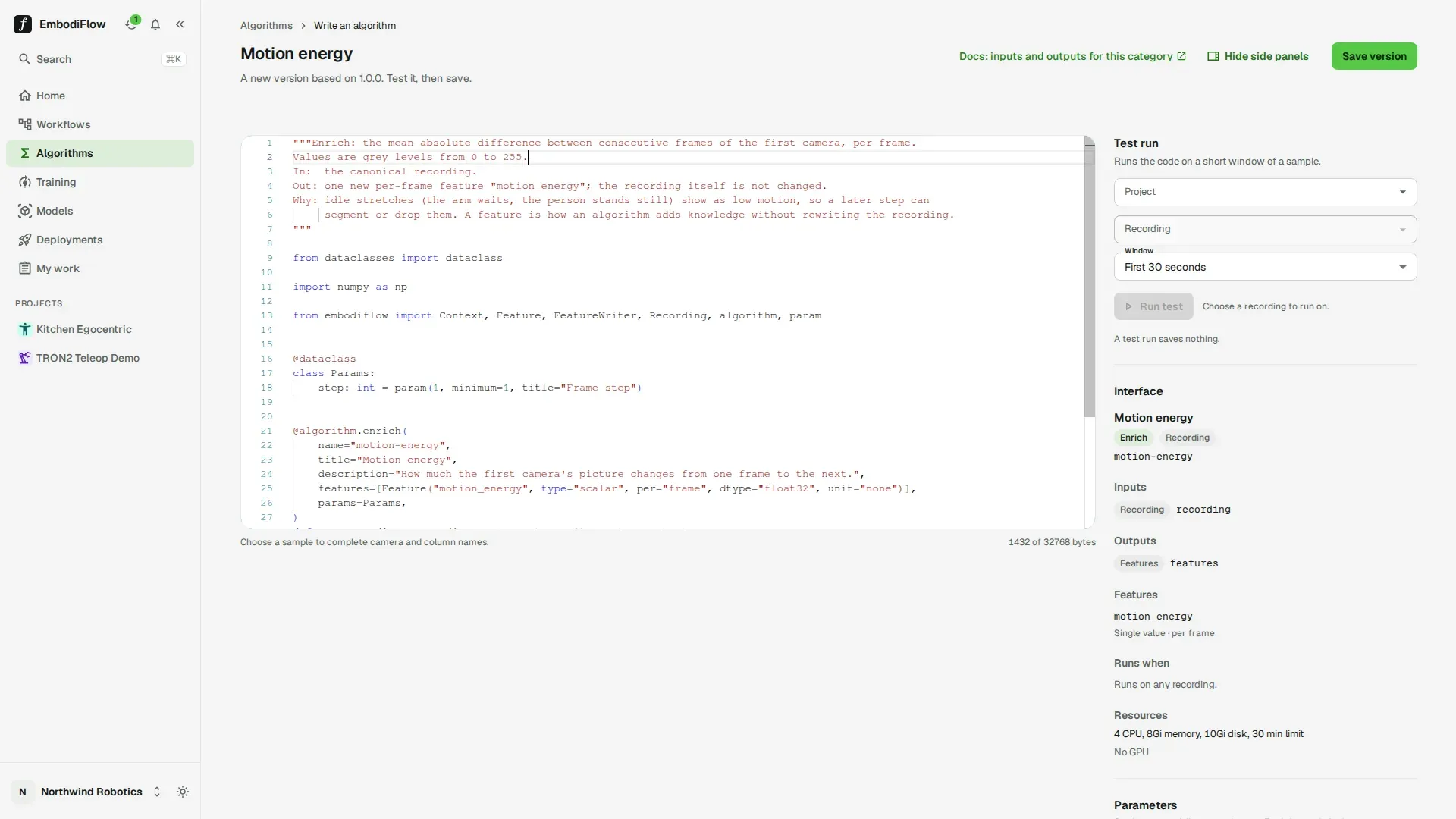 Python editor with the Motion energy example code, the Test run panel and the Interface panel on the right