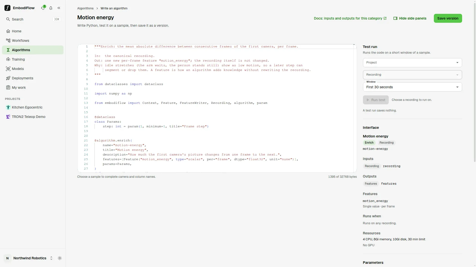 The algorithm editor with the motion energy code on the left, and the Test run and Interface panels on the right listing the motion_energy feature