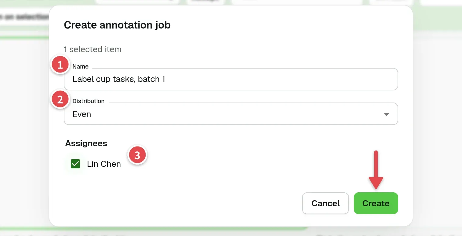 Create annotation job dialog with numbered fields 1 to 3: Name, Distribution and Assignees