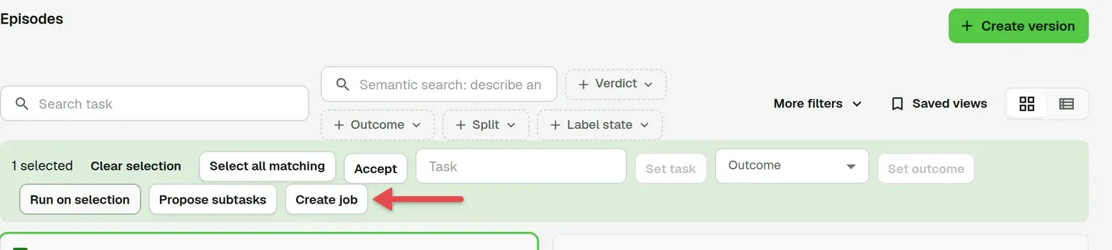 Selection bar with an arrow on Create job