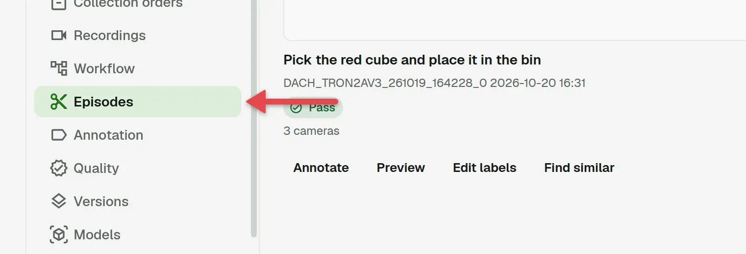 Sidebar with an arrow on Episodes under the project