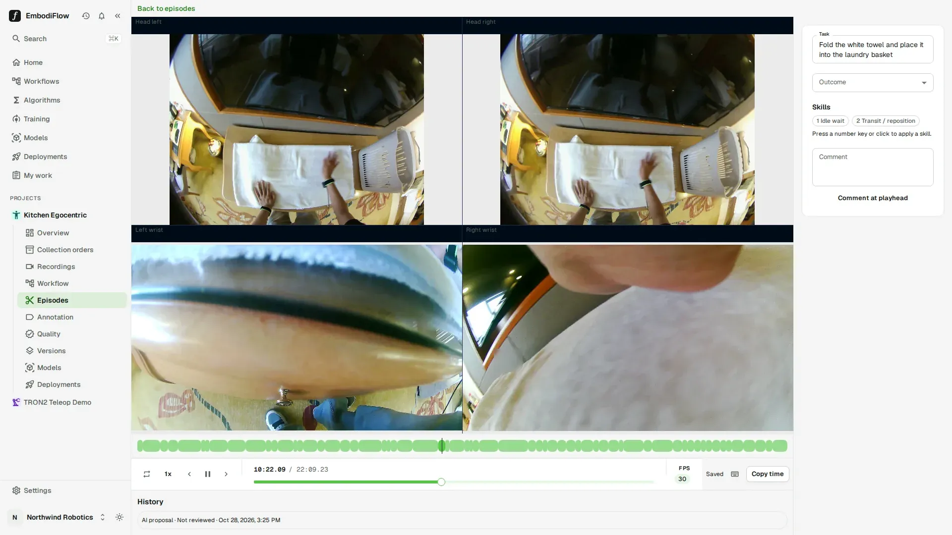 Episode workspace during playback, with the green timeline of proposed episodes under the cameras