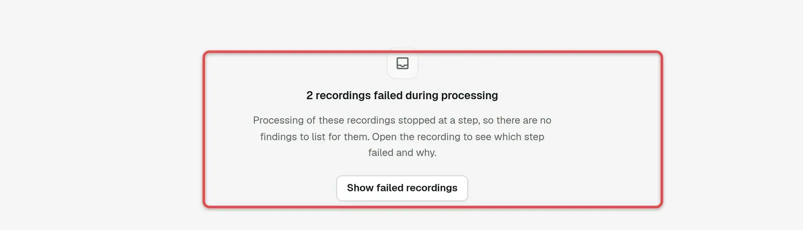 Issues area below Health in its empty state, with the failed-recordings card and its Show failed recordings button boxed