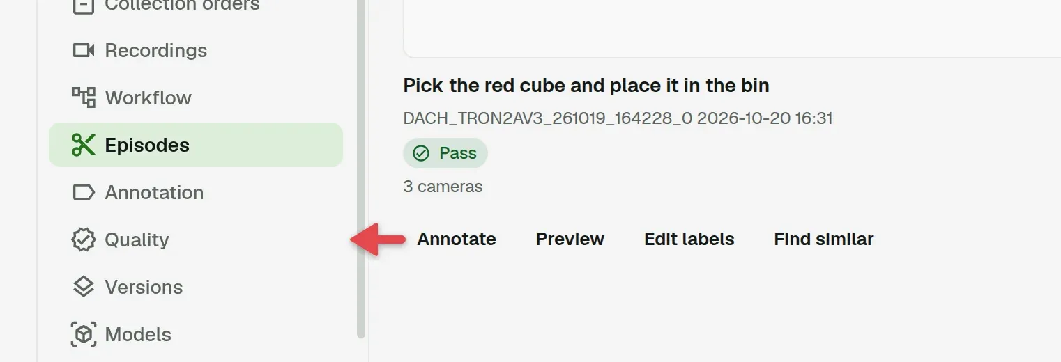 Sidebar with an arrow on Quality under the project