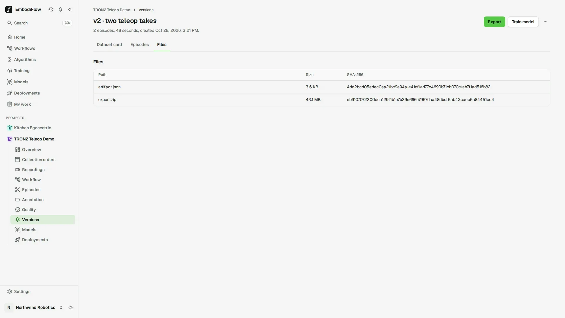 Files tab listing artifact.json at 3.6 KB and export.zip at 43.1 MB, each with its SHA-256
