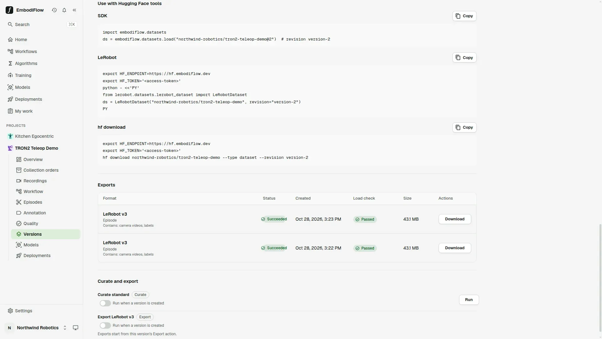 The Use with Hugging Face tools section of a dataset version: three snippets, SDK, LeRobot and hf download, each with a Copy button, followed by the Exports list with two succeeded LeRobot v3 exports that show Load check Passed and a Download button