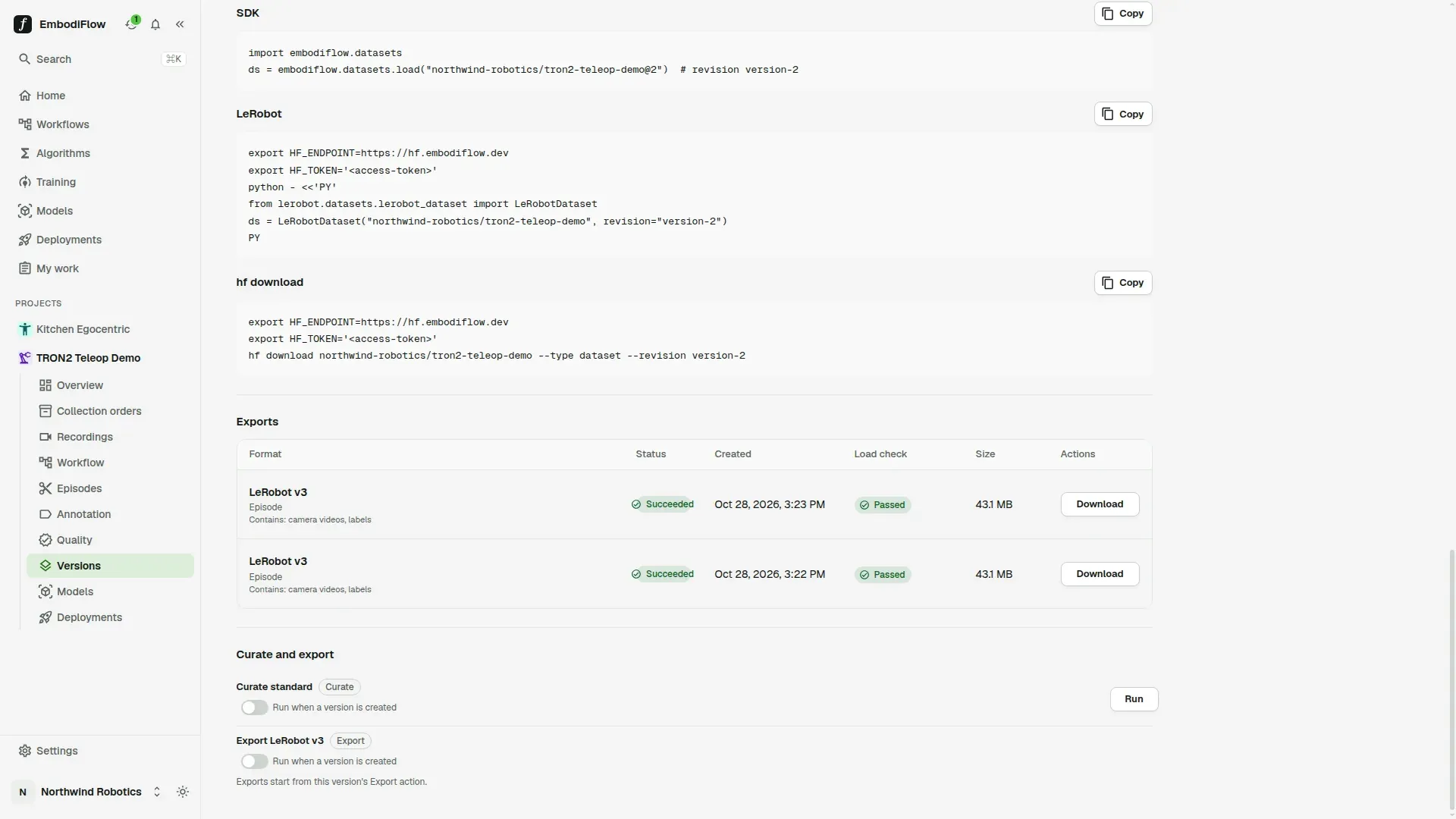 Version page scrolled to Exports: two finished LeRobot v3 exports with a passed load check, their size and a Download button