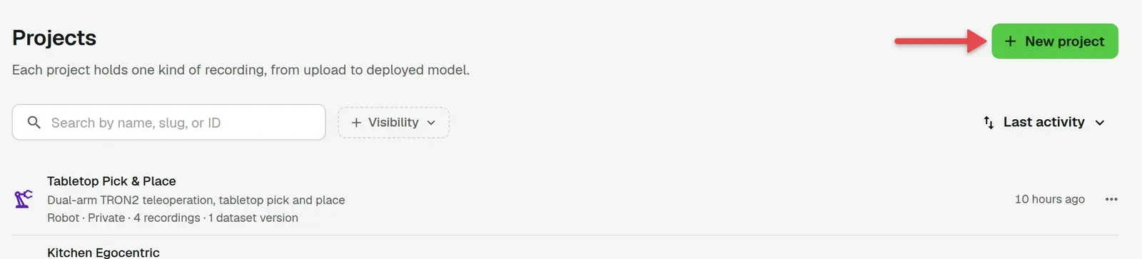 Projects page with an arrow on New project