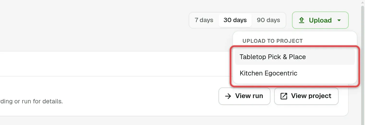 Upload to project menu listing the team projects