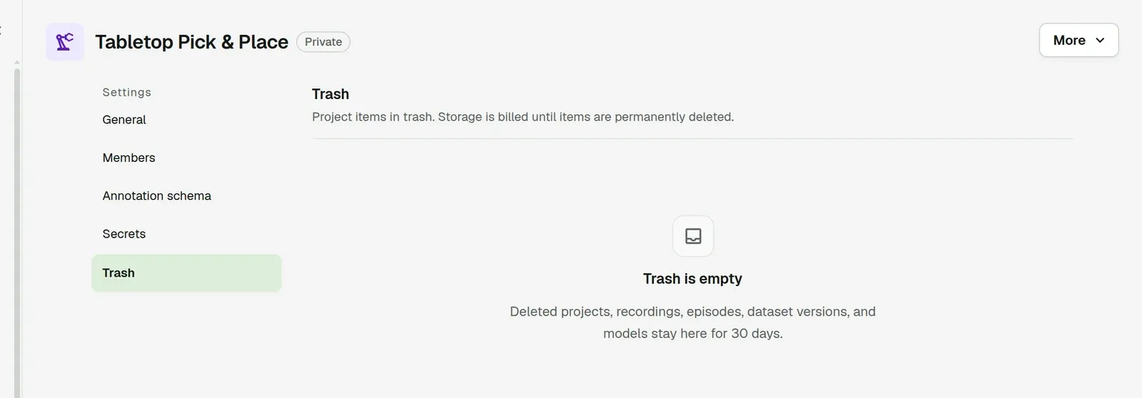 Project trash page, empty: "Trash is empty"