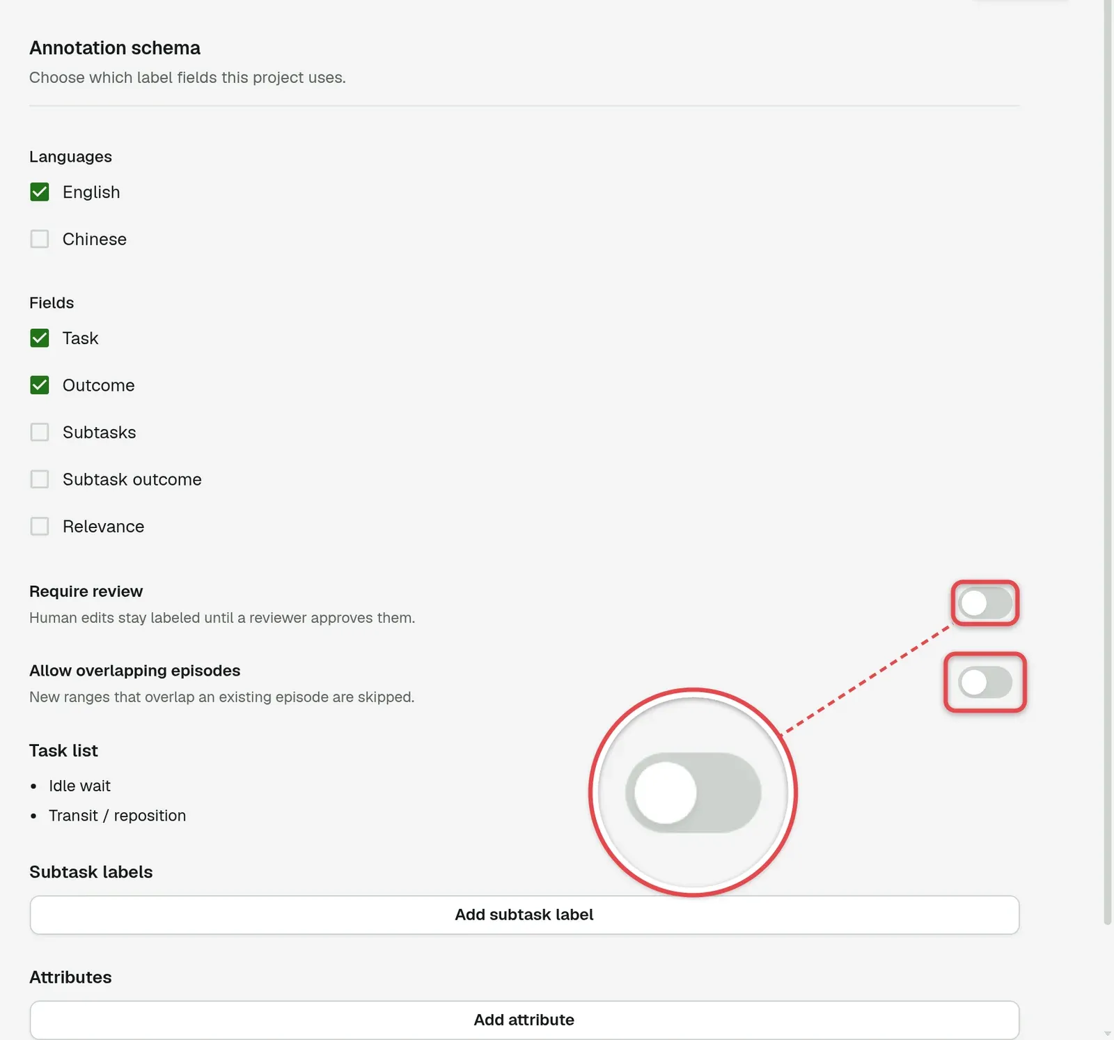 Annotation schema with languages, the review and overlap switches, and the task list
