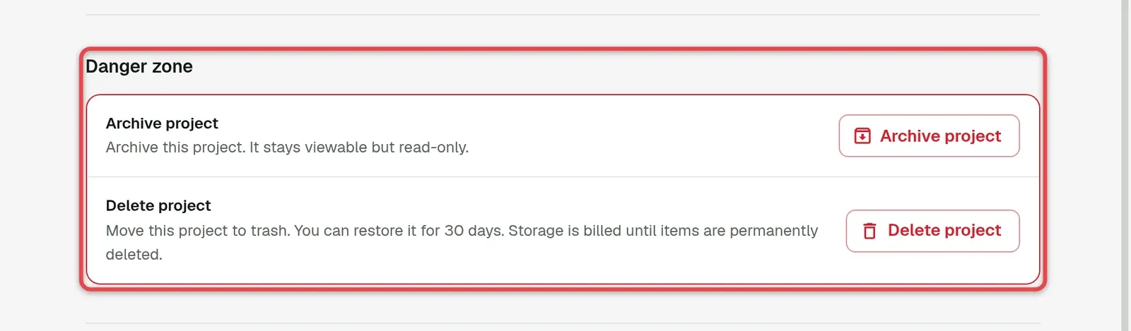 Danger zone with Archive project and Delete project