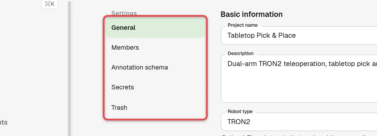 Project settings with the section tabs General, Members, Annotation schema, Secrets and Trash on the left