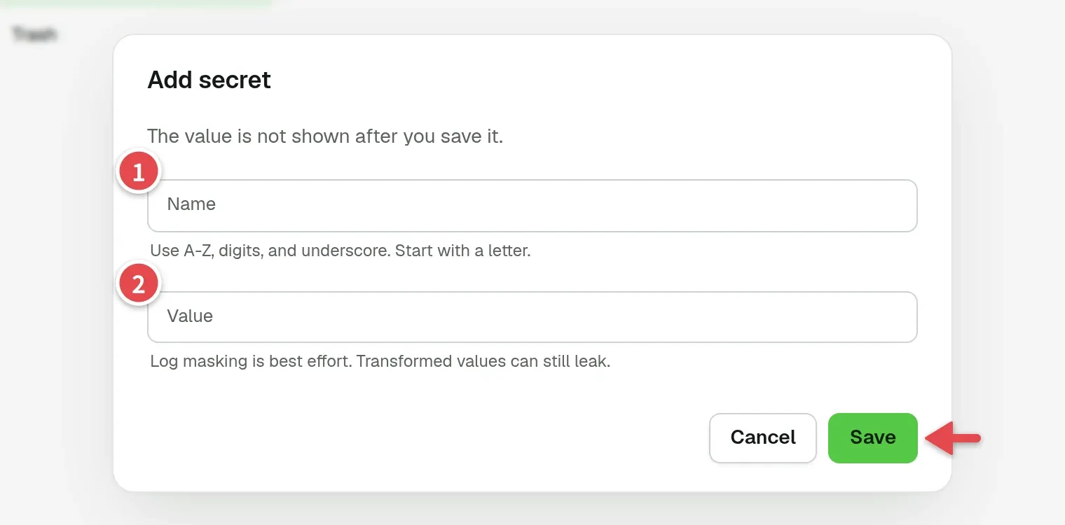 Add secret dialog with the Name and Value fields and Save