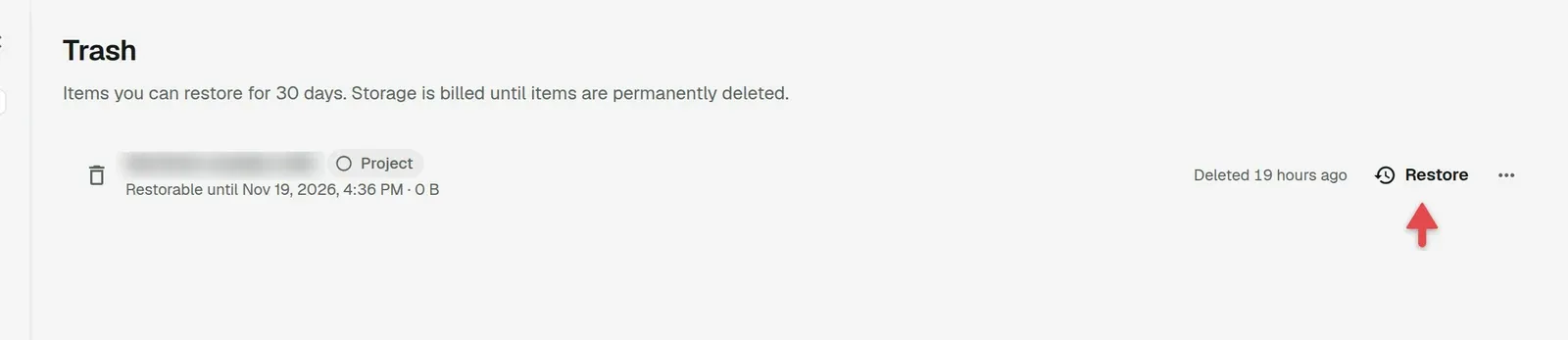 Trash list with the Restore button on a row
