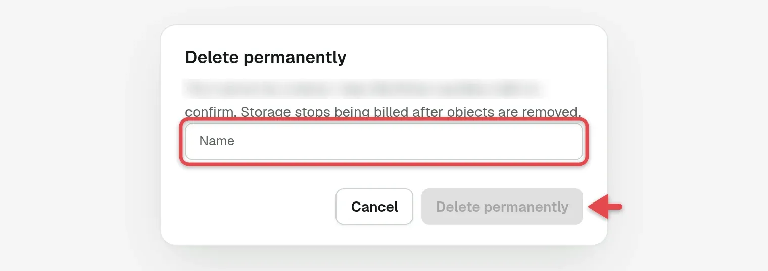 Delete permanently dialog with the Name field and the confirm button