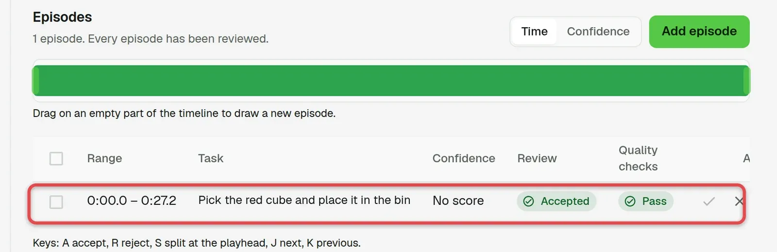 Episodes section with the episode row boxed