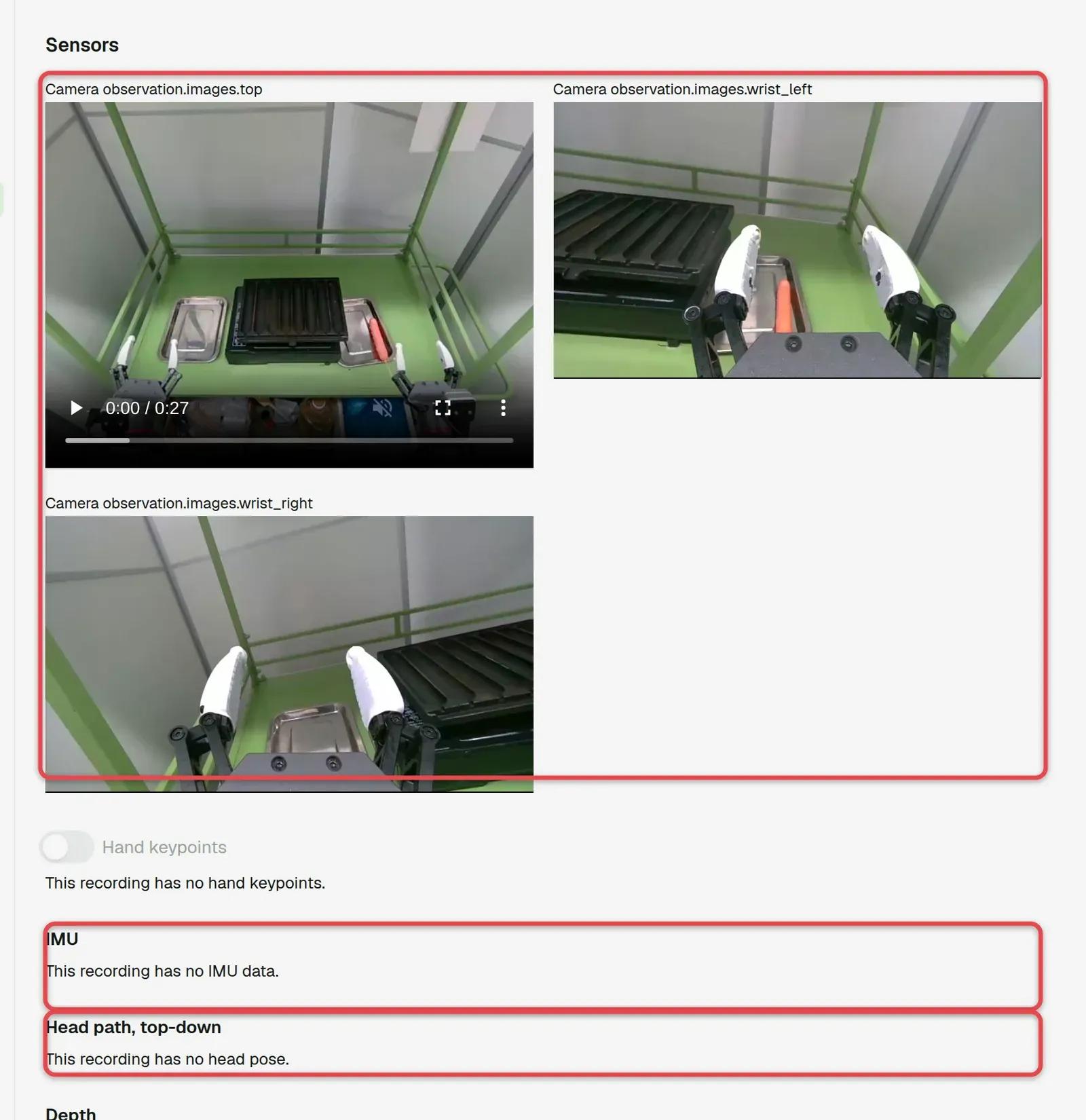 Sensors section with the camera videos, the IMU plots and the head path boxed
