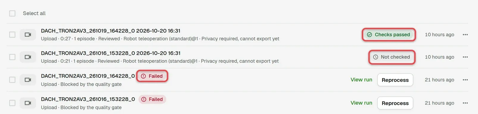 Recording rows with the Checks passed, Not checked and Failed status chips boxed