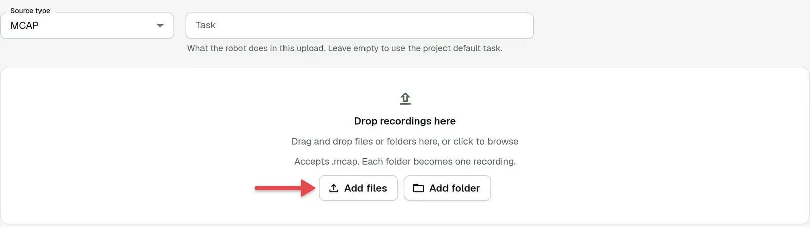 Upload page with an arrow on Add files