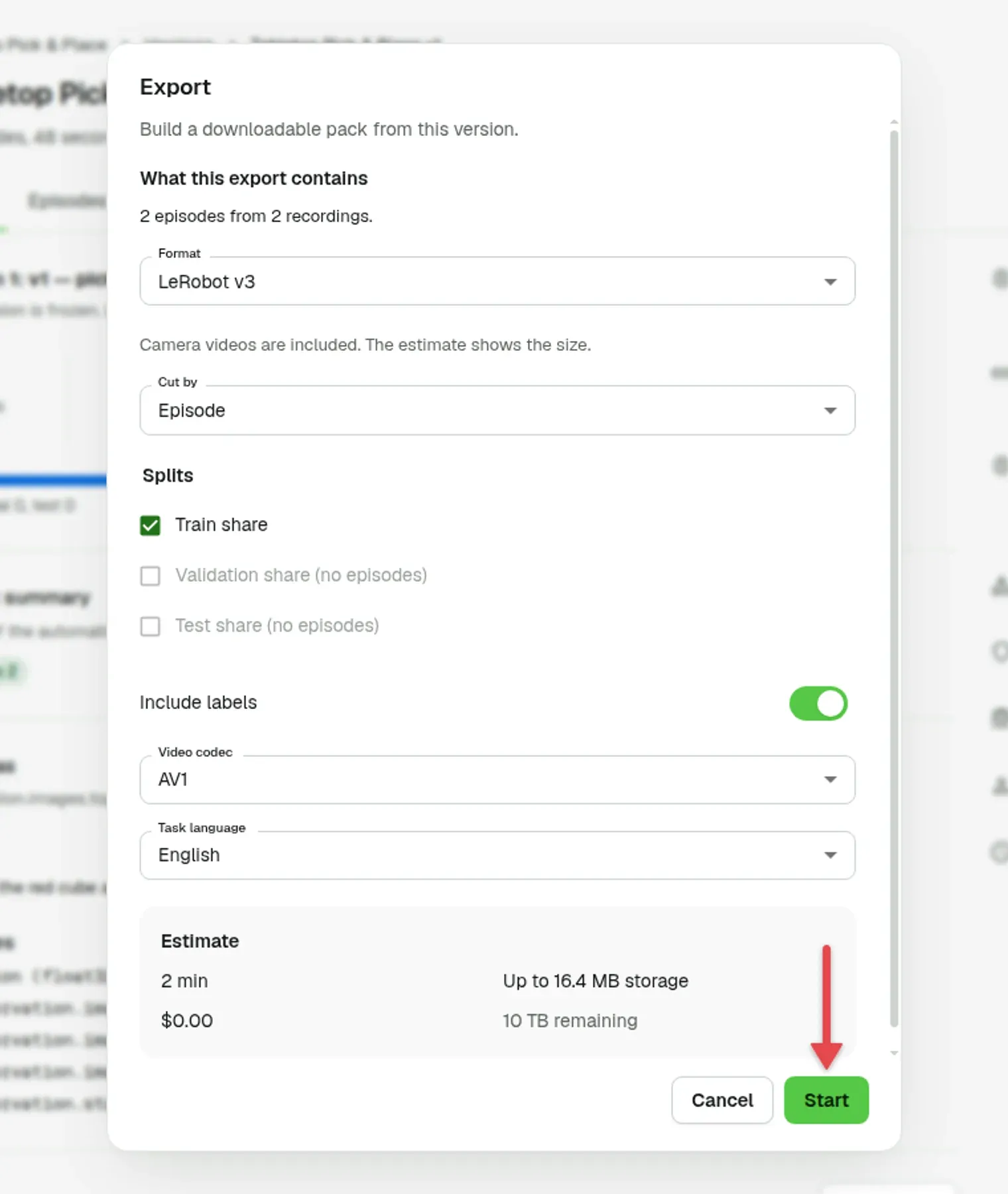 Export dialog with an arrow on Start