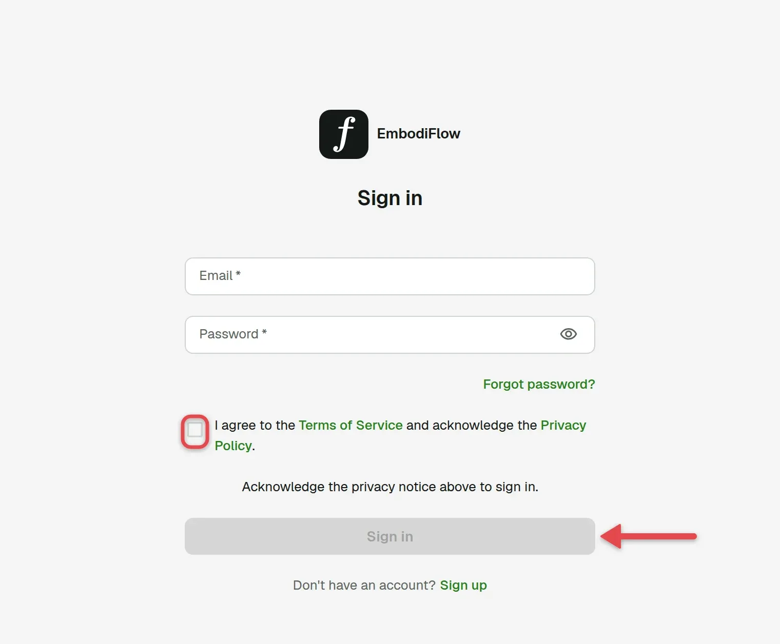 Sign-in page with a box on the privacy checkbox and an arrow on Sign in