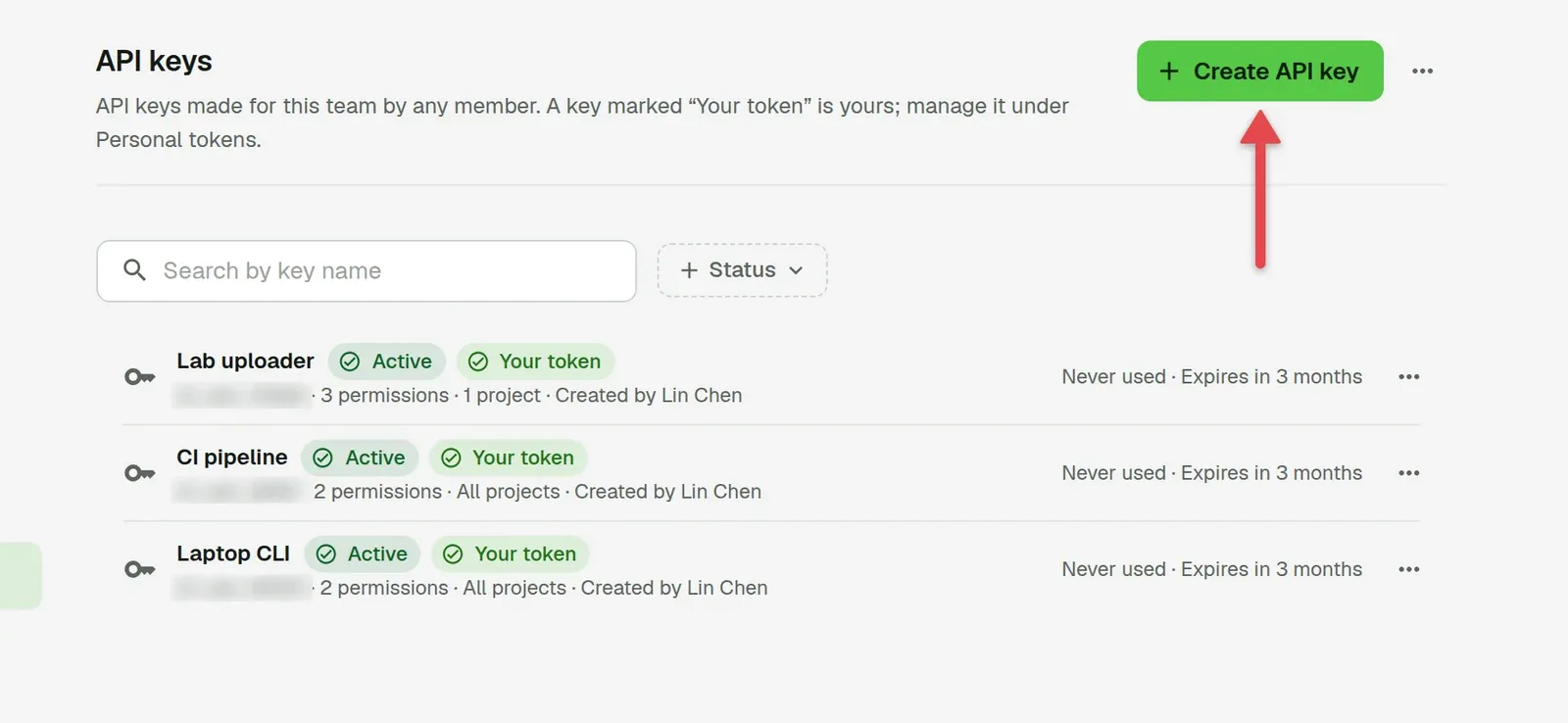 API keys page with an arrow on Create API key