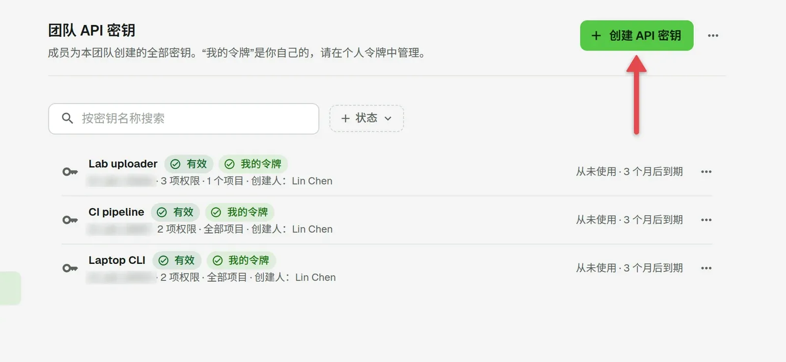 团队 API 密钥页面，箭头指向「创建 API 密钥」