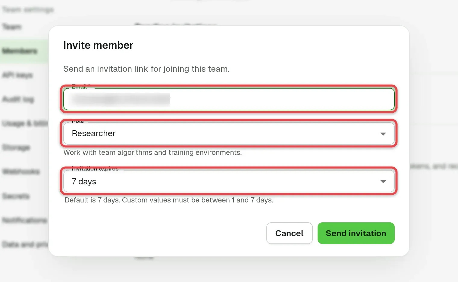 Invite member dialog with the fields Email, Role and Invitation expires