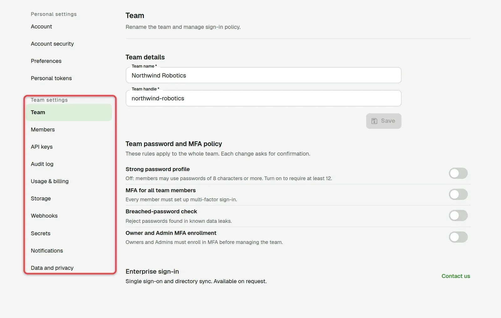 Team settings page with the section list boxed and Team selected