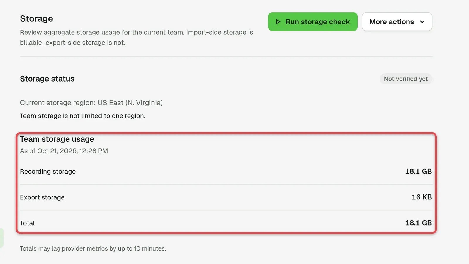 Storage page with the Team storage usage rows boxed