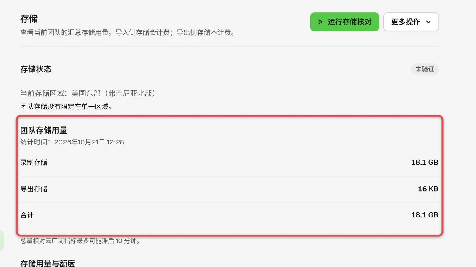 存储页面，方框标出「团队存储用量」各行