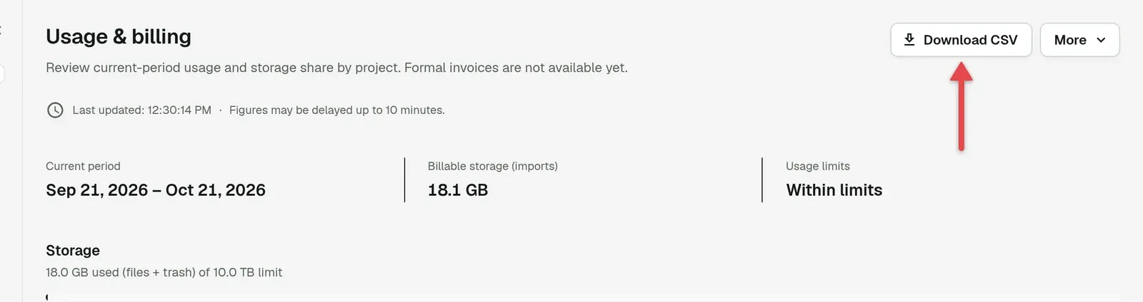 Usage & billing page with an arrow on Download CSV