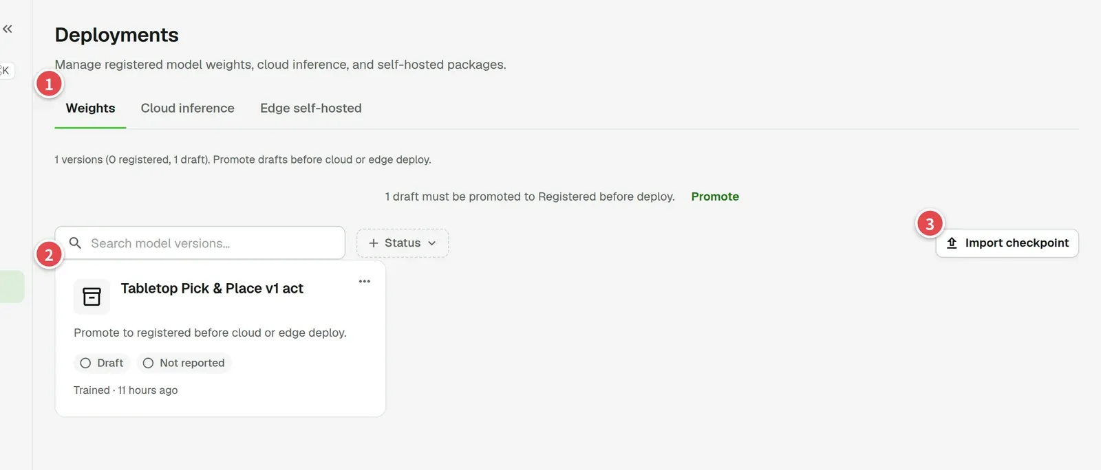 Deployments page with numbered areas: the tabs, a model version card and Import checkpoint