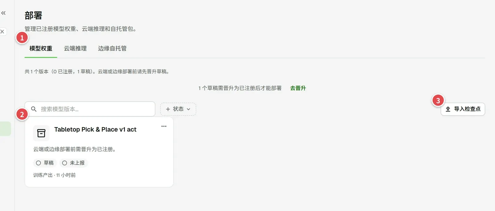 部署页，编号标出标签、模型版本卡片和「导入检查点」